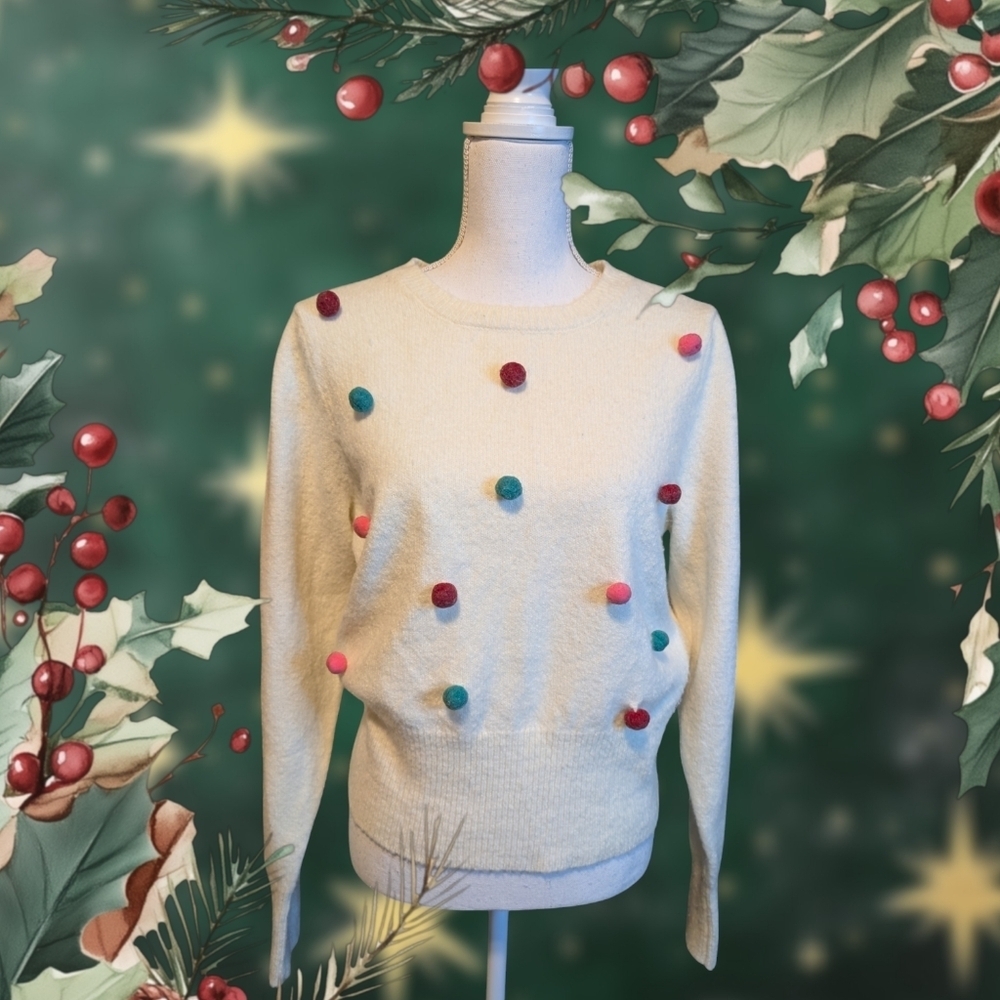Christmas Dingle Ball White Crop Sweater SZ Large